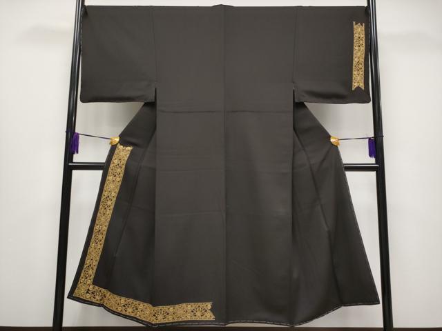 平和屋本店■極上 男性 訪問着 総刺繍 スワトウ刺繍 正倉院花文 黒焦茶色地 逸品 未使用 CYAA1218s5