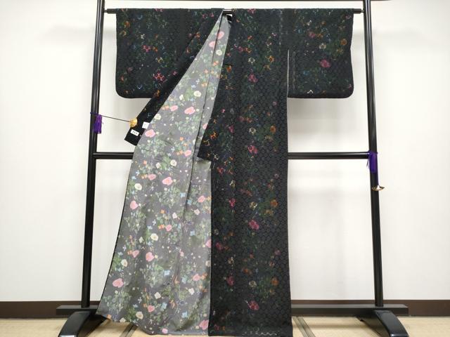 平和屋本店■極上 撫松庵 小紋 無双 草花文 新装大橋謹製 黒地 表地は黒のレース 洗える着物 CYAA1235s5