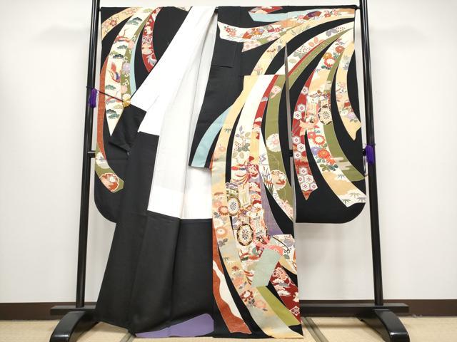 平和屋本店●極上 創業460年・千總 振袖 駒刺繍 御所車熨斗花鳥文 黒地 銀通し地 伊勢丹扱い 逸品 CYAA1253s5