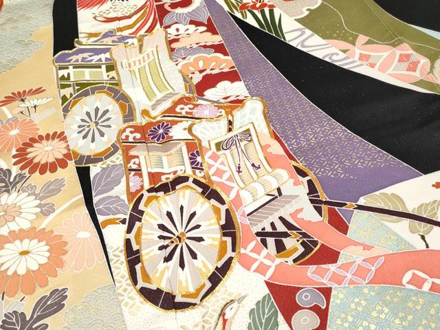 平和屋本店●極上 創業460年・千總 振袖 駒刺繍 御所車熨斗花鳥文 黒地 銀通し地 伊勢丹扱い 逸品 CYAA1253s5