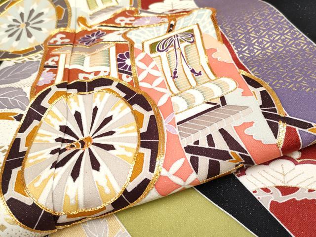 平和屋本店●極上 創業460年・千總 振袖 駒刺繍 御所車熨斗花鳥文 黒地 銀通し地 伊勢丹扱い 逸品 CYAA1253s5