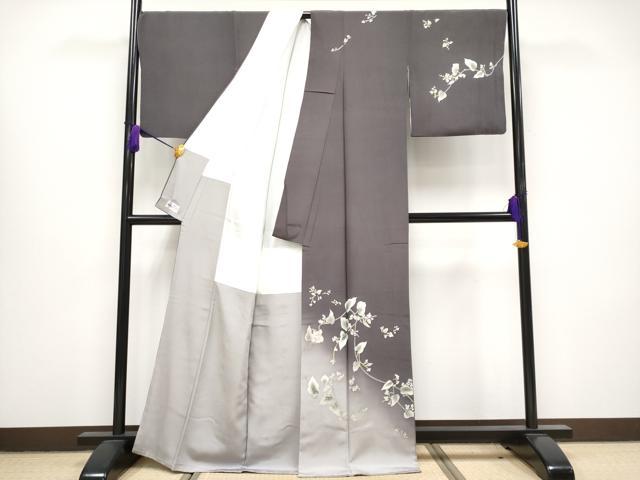 平和屋本店●極上 本加賀友禅作家 松島由美 訪問着 葡萄蔦の葉文 暈し染め やまと誂製 葡萄鼠色地 逸品 CYAA1308s5