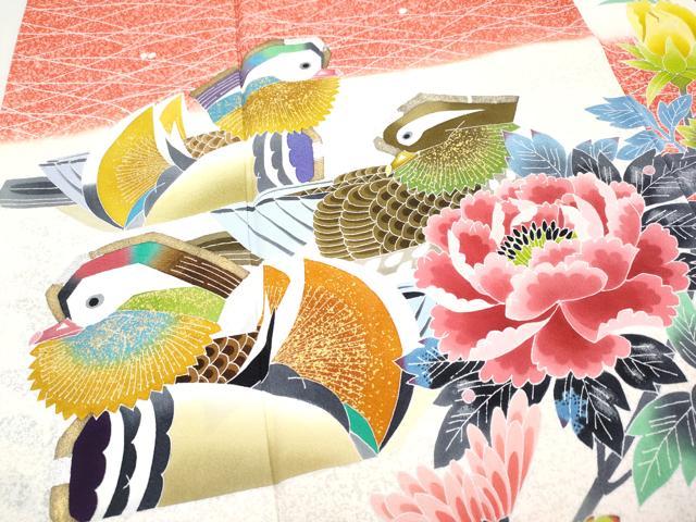 平和屋本店●極上 超大作 鴛鴦10羽 人間国宝・羽田登喜男 振袖・襦袢セット 鴛鴦草花文 たたき染 金銀彩 たとう紙・色紙付 逸品 CYAA1313s5