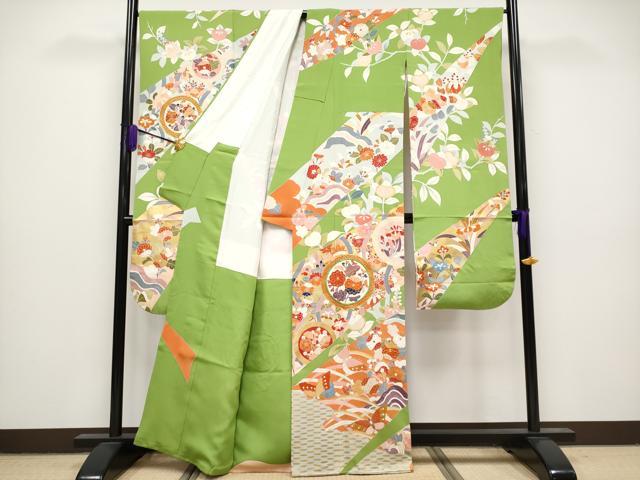 平和屋本店●極上 創業460年・千總 振袖 駒刺繍 舞蝶花丸文 金彩 青丹色 阪急百貨店扱い 紙タグ付き 逸品 CYAA1346s5