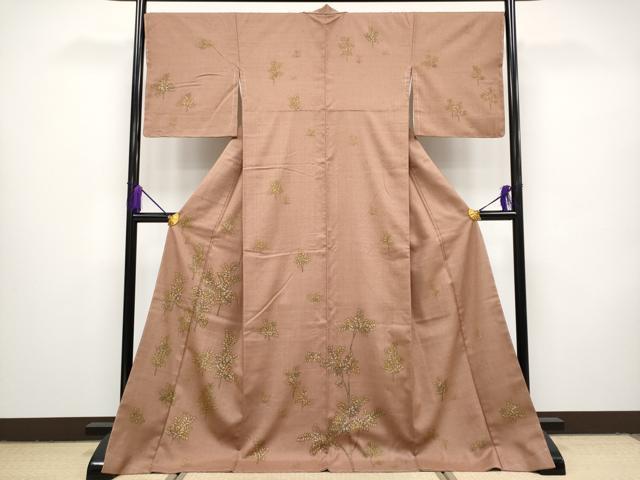平和屋本店●極上 創業460年・千總 松坂屋染織名作展 訪問着 本場結城紬地 枝葉文 煎茶色地 逸品 未使用 CYAA1501s5