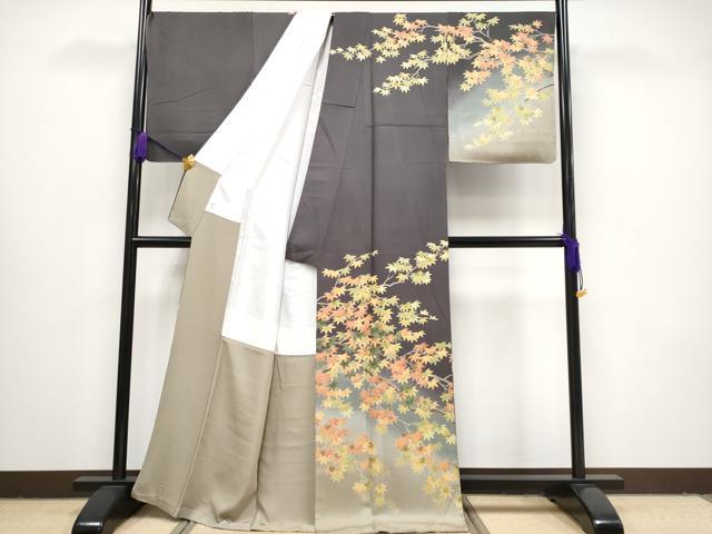 平和屋本店■極上 名門染元 秀美 十日町友禅 龍谷 訪問着 枝楓文 暈し染め 藤煤竹色地 逸品 CYAA3000s5