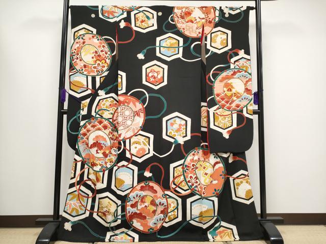 平和屋本店●極上 アンティーク 大正ロマン 振袖 駒刺繍 亀甲鏡裏文 黒地 金彩 逸品 CYAA1583s5