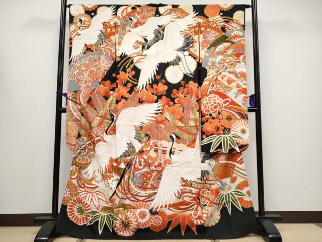 平和屋本店■極上 アンティーク 大正ロマン 振袖 駒刺繍 飛鶴檜扇花文 黒地 金彩 逸品 CYAA1593s5