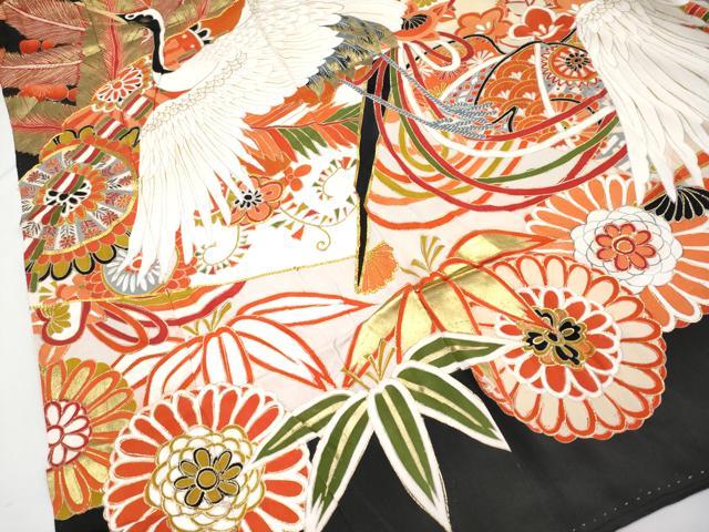 平和屋本店■極上 アンティーク 大正ロマン 振袖 駒刺繍 飛鶴檜扇花文 黒地 金彩 逸品 CYAA1593s5