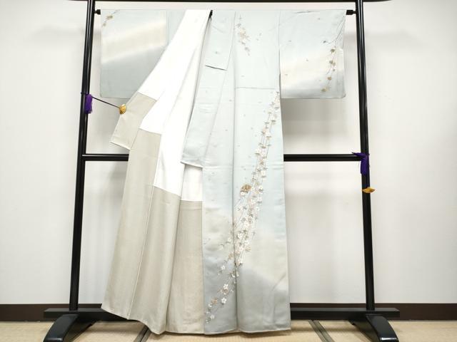 平和屋本店■極上 山口美術織物 皇室 伊勢神宮御用 西陣織 訪問着 総刺繍 檜扇枝垂れ花文 暈し染 金銀彩 白藍色 逸品 CYAA1641s5