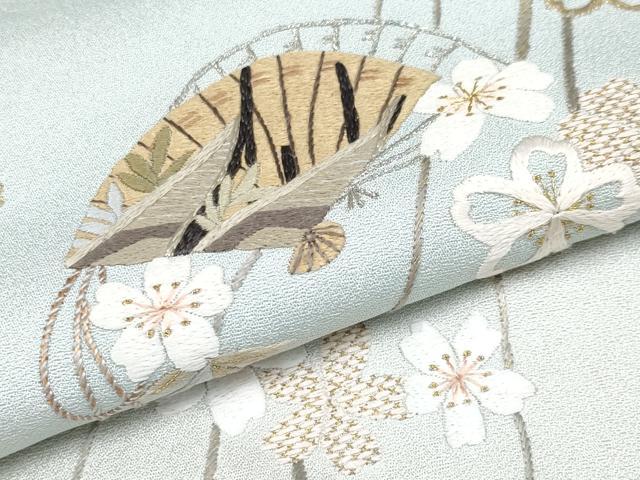 平和屋本店■極上 山口美術織物 皇室 伊勢神宮御用 西陣織 訪問着 総刺繍 檜扇枝垂れ花文 暈し染 金銀彩 白藍色 逸品 CYAA1641s5