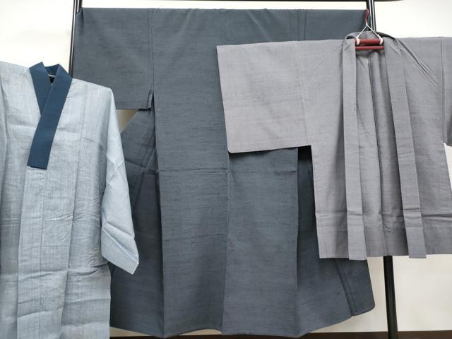 平和屋本店■極上 男性 紬・長襦袢・羽織セット 単衣 キングサイズ 着物:羊羹色 羽織:薄色 襦袢:薄縹色 逸品 CYAA1650s5
