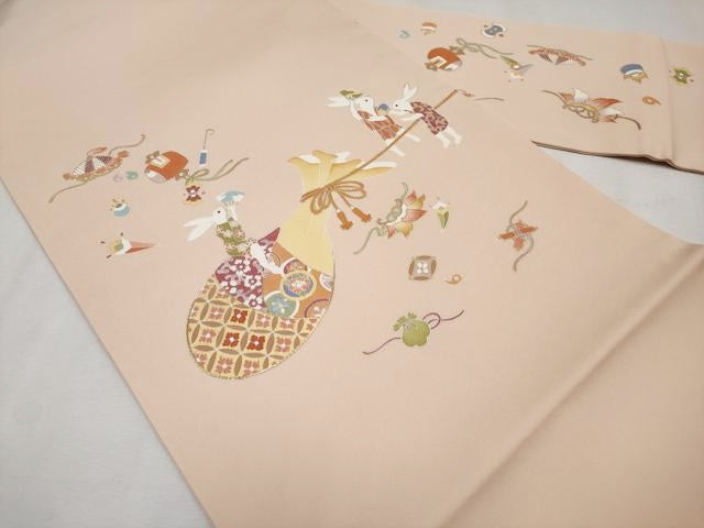平和屋本店■極上 塩瀬 九寸名古屋帯 刺繍 兎 宝尽くし 金彩 薄香色地 逸品 CYAA1701s5