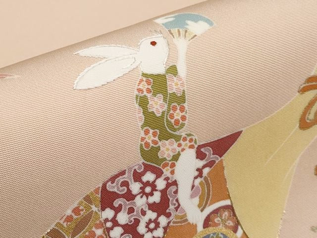 平和屋本店■極上 塩瀬 九寸名古屋帯 刺繍 兎 宝尽くし 金彩 薄香色地 逸品 CYAA1701s5