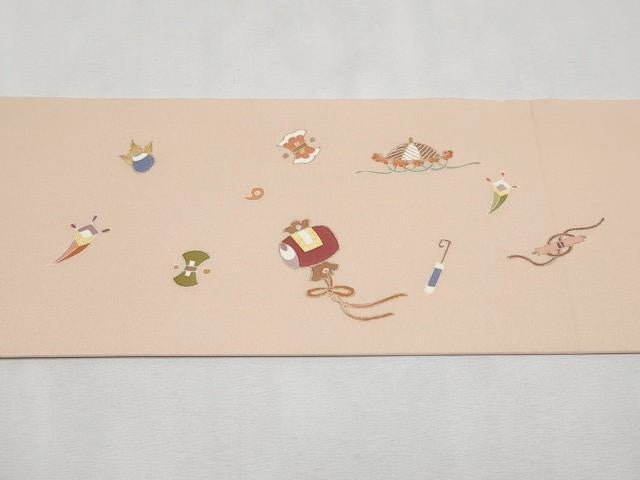 平和屋本店■極上 塩瀬 九寸名古屋帯 刺繍 兎 宝尽くし 金彩 薄香色地 逸品 CYAA1701s5