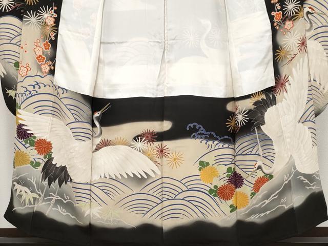 平和屋本店●極上 アンティーク 大正ロマン 振袖・長襦袢・丸帯セット 相良刺繍 駒刺繍 手描き 飛鶴風景文 黒地 金彩 逸品 CYAA1755s5