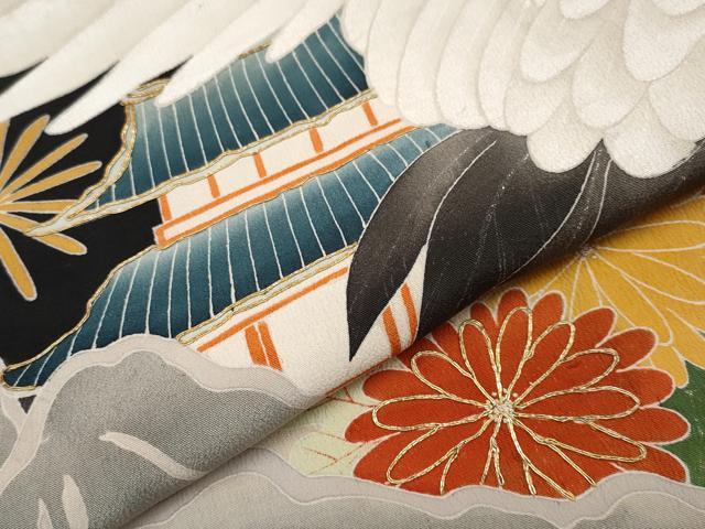 平和屋本店●極上 アンティーク 大正ロマン 振袖・長襦袢・丸帯セット 相良刺繍 駒刺繍 手描き 飛鶴風景文 黒地 金彩 逸品 CYAA1755s5
