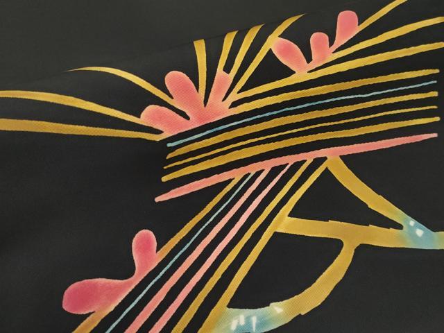 平和屋本店■希少 型絵染の人間国宝 稲垣稔次郎 塩瀬 九寸名古屋帯 若松葉文 黒地 逸品 未使用 CYAA1792s5