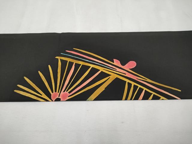 平和屋本店■希少 型絵染の人間国宝 稲垣稔次郎 塩瀬 九寸名古屋帯 若松葉文 黒地 逸品 未使用 CYAA1792s5
