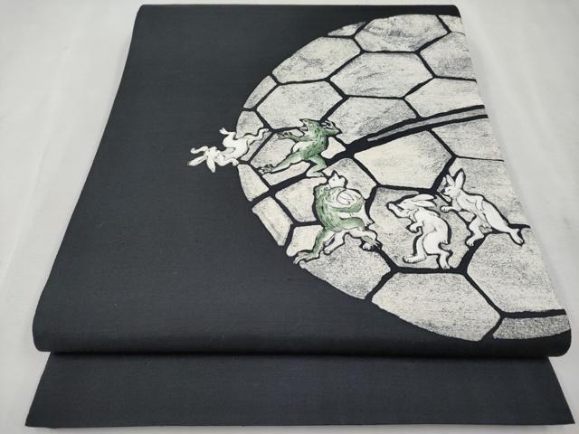 平和屋本店●極上 両面 太鼓柄袋帯 紬地 鳥獣戯画 黒地 逸品 CYAA1817s5