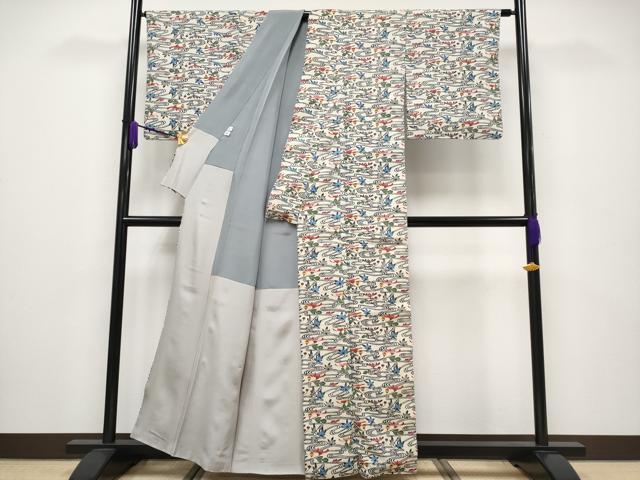平和屋本店■希少 城間栄喜 琉球紅型 小紋 流水草花文 白地 反端付き 逸品 CYAA1831s5