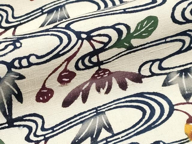 平和屋本店■希少 城間栄喜 琉球紅型 小紋 流水草花文 白地 反端付き 逸品 CYAA1831s5
