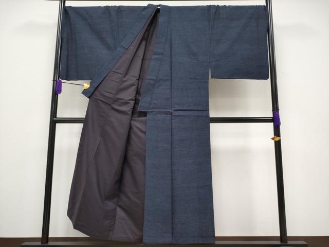 平和屋本店■極上 男性 結城紬 杢 アンサンブル キングサイズ 濃紺地 証紙・反端付き 逸品 CYAA1881s5