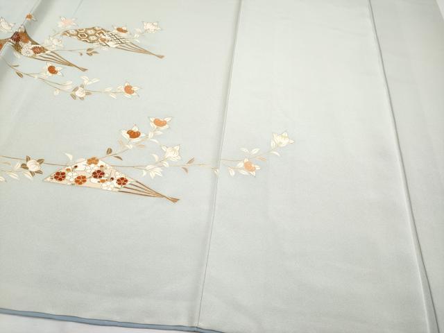 平和屋本店■極上 銀座きしや 訪問着 駒刺繍 扇面枝花文 金彩 柳鼠色地 逸品 CYAA1886s5