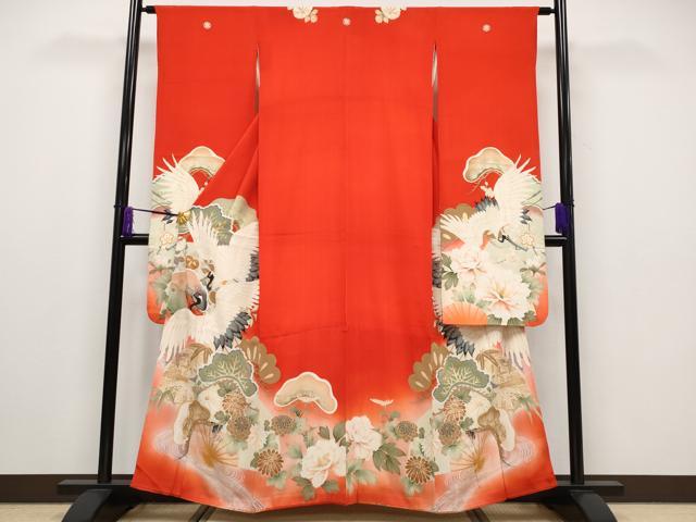 平和屋本店■極上 アンティーク 大正ロマン 中国三大刺繍 相良刺繍 振袖 飛鶴扇面枝花文 暈し染め 紅緋色地 逸品 CYAA1899s5