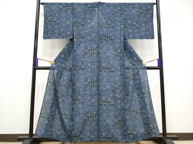 平和屋本店■極上 夏物 藍染小紋 絽 葡萄蔦の葉文 反端付き まるやま扱い 逸品 未使用 CYAA1938s5