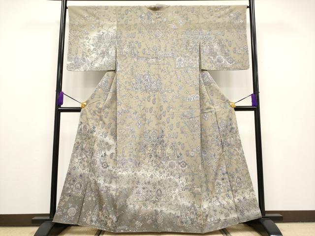平和屋本店●極上 中国三大刺繍 スワトウ刺繍 訪問着 エジプト壁画文様 暈し染め 金銀糸 空五倍子色地 逸品 未使用 CYAA1939s5