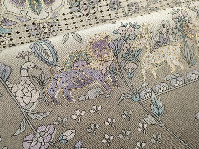平和屋本店●極上 中国三大刺繍 スワトウ刺繍 訪問着 エジプト壁画文様 暈し染め 金銀糸 空五倍子色地 逸品 未使用 CYAA1939s5