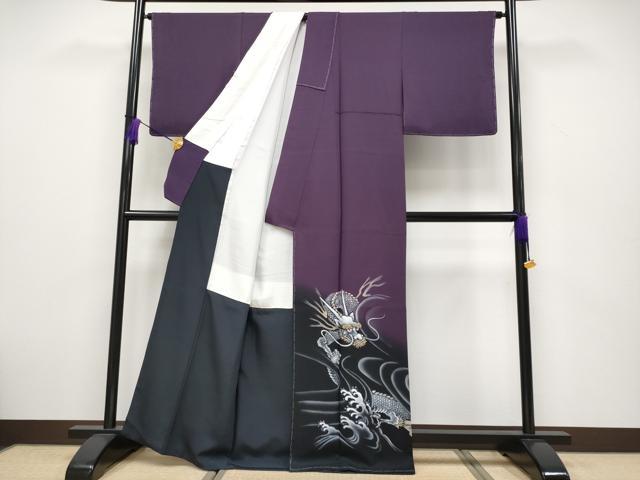 平和屋本店●極上 立体友禅作家 涌波紅彩 色留訪問着 手描き 龍 暈し染め 滅紫色地 逸品 未使用 CYAA1991s5