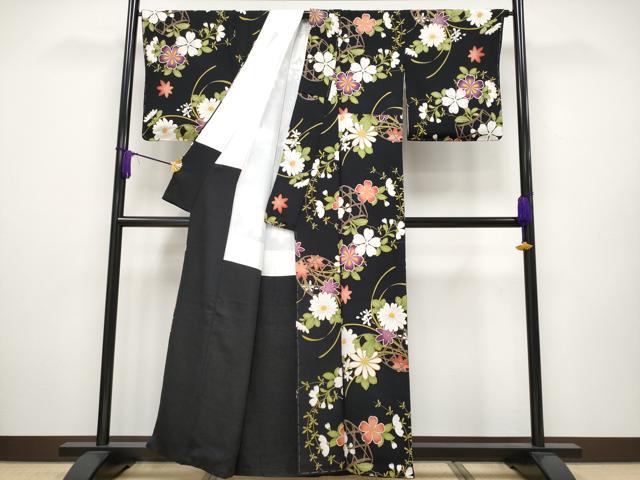 平和屋本店●極上 小紋 花籠文 黒地 金彩 鬼しぼ縮緬 逸品 未使用 CYAA2152s5