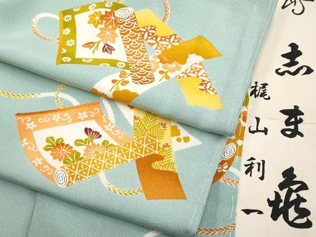 平和屋本店■極上 銀座 志ま亀 小紋 草花短冊絵巻文 たとう紙付き 錆青磁色地 逸品 未使用 CYAA2157s5