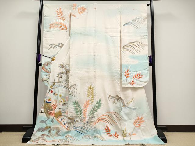 平和屋本店■極上 夏物 アンティーク 大正ロマン 振袖 絽 総刺繍 尾長鳥 暈し染め 金銀糸 白地 逸品 CYAA2170s5