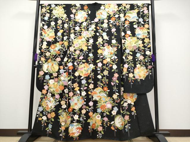 平和屋本店■極上 振袖 駒刺繍 花丸文 黒地 金彩 逸品 CYAA2211s5