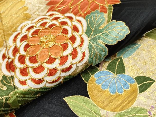 平和屋本店■極上 振袖 駒刺繍 花丸文 黒地 金彩 逸品 CYAA2211s5
