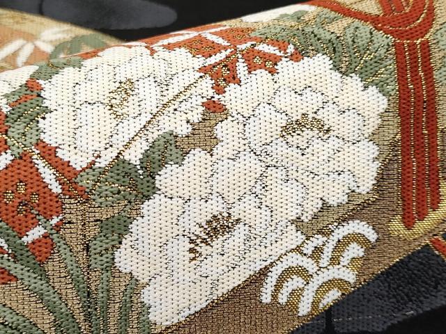 平和屋本店■極上 現代アンティーク 貝島はるみ 綺麗伝説 六通柄袋帯 唐織 文箱花文 黒地 金糸 逸品 CYAA2256s5