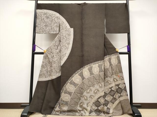 平和屋本店●極上 伝統工芸士 京友禅染色作家 田家鬼彩 訪問着 ろうけつ染め 花唐草文 赤墨色地 逸品 CYAA2351s5