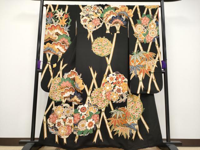 平和屋本店■希少 浦野理一 金彩友禅 振袖 松竹梅花丸文 黒地 金彩 鬼しぼ縮緬 逸品 CYAA2374s5