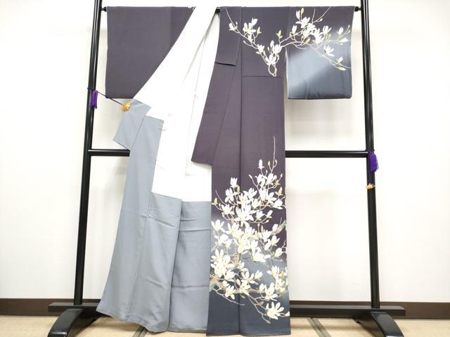 平和屋本店■極上 名門染元 秀美 十日町友禅 訪問着 木蓮 暈し染め 鬼しぼ縮緬 深紫色地 逸品 CYAA2418s5