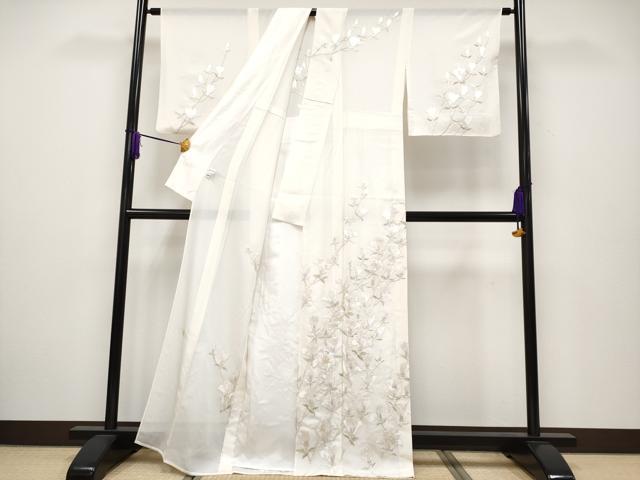 平和屋本店*極上 夏物 訪問着 絽 作家物 総刺繍 枝花文 銀糸 練色地 逸品 CYAA2426s5