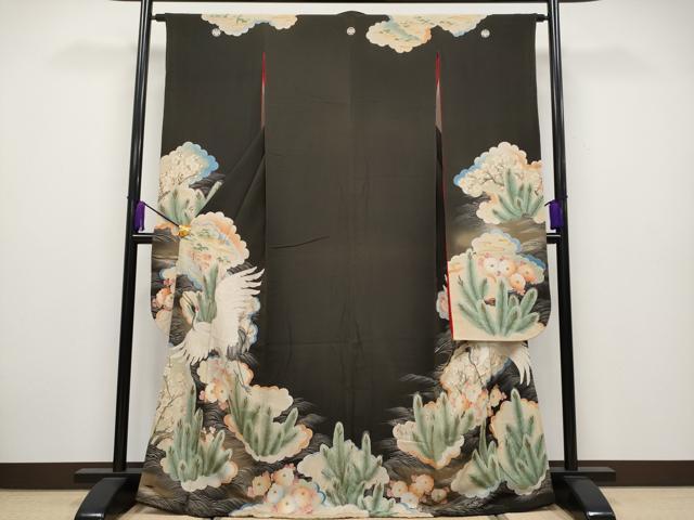 平和屋本店■極上 アンティーク 大正ロマン 振袖 飛鶴雲取草花文 黒地 金彩 逸品 CYAA2432s5