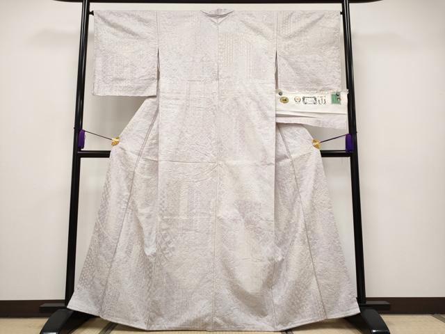 平和屋本店■極上 結城紬 総刺繍 刺し子 背抜き仕立て 切嵌吉祥花唐草文 鴇鼠色地 証紙付き 逸品 未使用 CYAA2457s5
