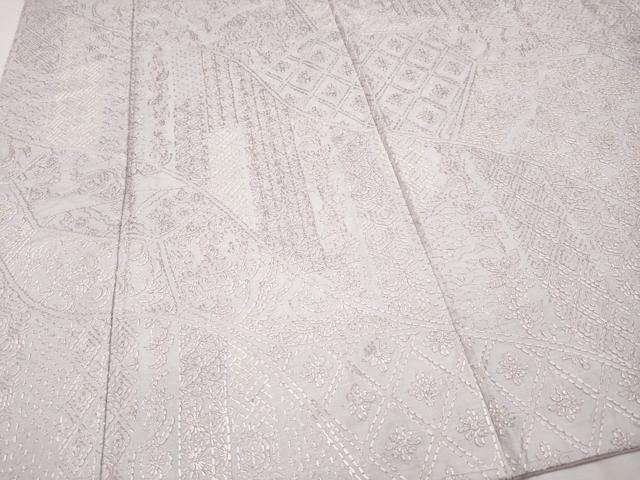 平和屋本店■極上 結城紬 総刺繍 刺し子 背抜き仕立て 切嵌吉祥花唐草文 鴇鼠色地 証紙付き 逸品 未使用 CYAA2457s5