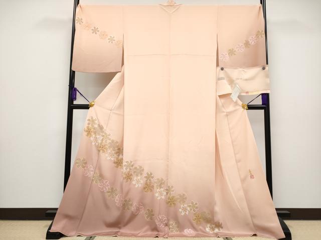 平和屋本店■極上 人間国宝 福田喜重 刺繍 訪問着 百合車 暈し染め 金銀彩 洒落柿色地 反端付き 逸品 CYAA2509s5