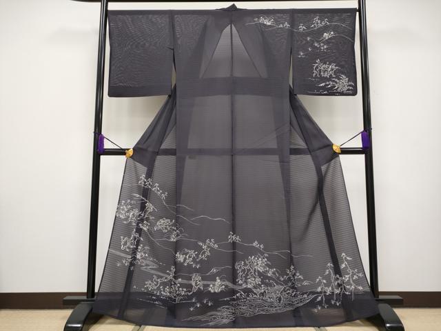平和屋本店■極上 夏物 訪問着 変わり絽 駒刺繍 鳥獣戯画 銀彩 黒紅色地 逸品 CYAA2518s5