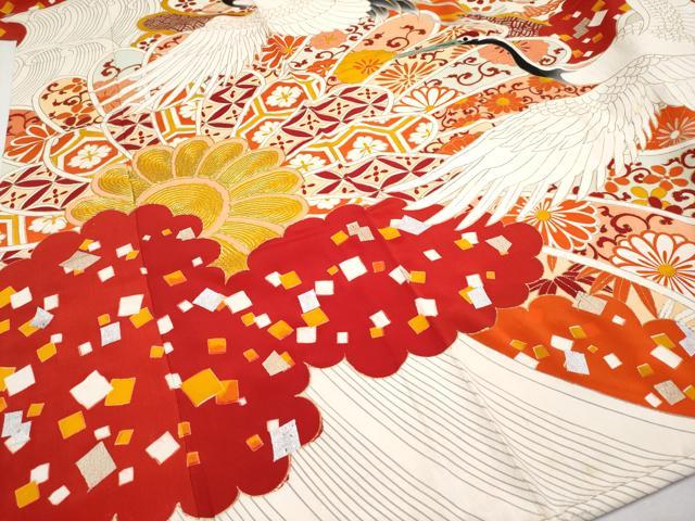 平和屋本店■極上 アンティーク 大正ロマン 振袖 駒刺繍 相良刺繍 飛鶴吉祥花文 金銀彩 逸品 CYAA2526s5