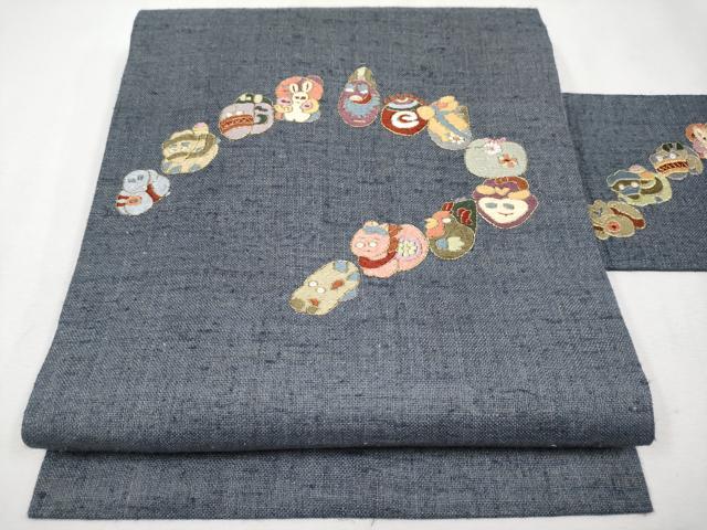 平和屋本店■極上 夏物 九寸名古屋帯 作家物 総刺繍 十二支 金糸 麻 逸品 未使用 CYAA2551s5